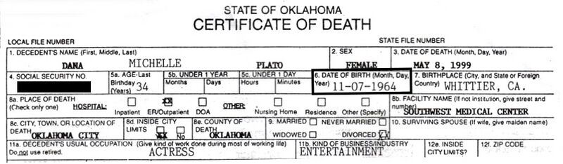 Dana Plato's official death certificate