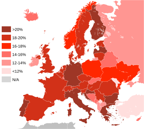 Europe population over 65 in 2018