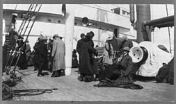 Survivors from TITANIC aboard rescue ship, unidentified group on deck