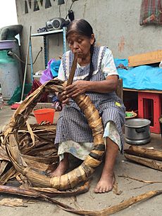 Archivo:Artesana elaborando rodete de hoja de plátano en Tavehua, Oaxaca