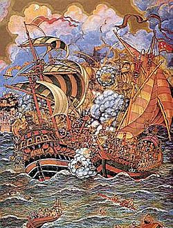 Archivo:Navire ottoman et navire espagnol pendant la bataille de Tunis 1535
