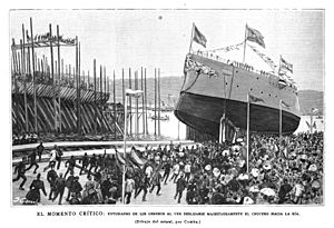 Archivo:1890-09-15, La Ilustración Española y Americana, El momento crítico, entusiasmo de los obreros al ver deslizarse majestuosamente el crucero hacia la ría