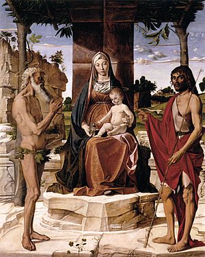 Archivo:Bartolomeo Montagna - Madonna and Child under a Pergola with St John the Baptist and St Onofrius - WGA16152