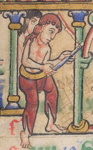 Archivo:Detail of historiated 'KL' letters of a man with a thresher, Psalter (the 'Shaftesbury Psalter') with calendar and prayers, England