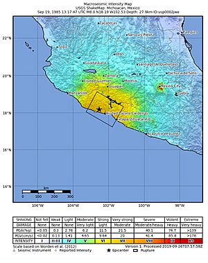 Intensidades Mercalli generadas por el sismo Magnitud 8,1 en Michoacan, Mexico.(19-09-1985).jpg
