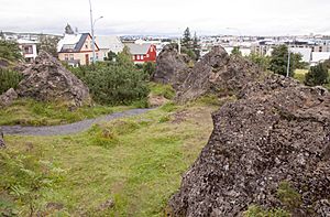 Archivo:Lava rocks in a park in the centre of Hafnarfjördur