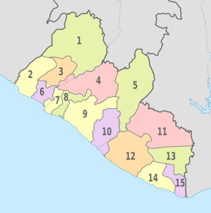 Archivo:Liberia, administrative divisions - Nmbrs - colored