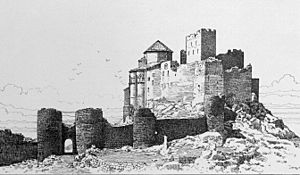 Archivo:1905, El castillo de Loarre y el Alcázar de Segovia, Castillo de Loarre, Vista general de las murallas y de la fortaleza (cropped)