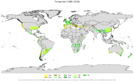 Localización de los climas templados (C) según el sistema de Köppen.