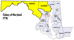 Map of Maryland's counties in 1776 (with Frederick and Baltimore highlighted).png