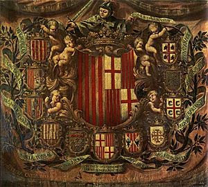 Archivo:Apoteosis Heraldica 1681 Museo de Historia de la Ciudad,Barcelona, i 4 mori sardi sono nettamente distinti iconograficamente dai 4 mori d'Aragona