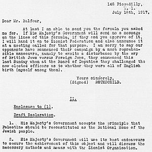 Archivo:Lord Rothschild initial Balfour Declaration draft and Balfour draft reply, July and August 1917