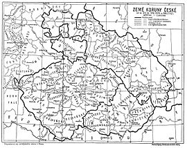 Mapa de las tierras de la Corona Bohemia desde el siglo XIV hasta 1742 (mapa de Josef Pekař, 1921, en checo).