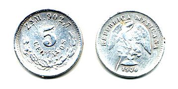 5 centavos de Zacatecas de 1904 (anverso y reverso)