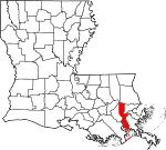 Mapa de Luisiana con la ubicación del Parish Jefferson