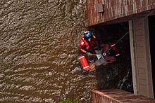 Archivo:United States Coast Guard Scott D. Rady pulls a pregnant woman from her flooded New Orleans home