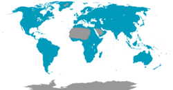 En azul, la distribución mundial de los Anseriformes