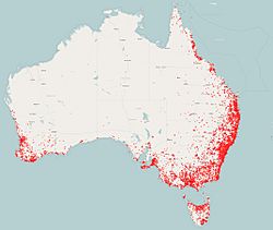 Distribución en Australia (falta Nueva Guinea y demás archipiélagos).