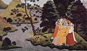 Krishna se encuentra con las gopis a la noche (1765); de un manuscrito del texto Guita-govinda, sobre papel (14,9 × 25,1 cm); actualmente en Bombay