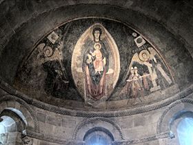 'The Virgin and Child in Majesty and the Adoration of the Maji', Romanesque fresco by the Master of Pedret from the apse of the Church of Saint Joan at Tredos, Lleida, Spain, c. 1100.jpg
