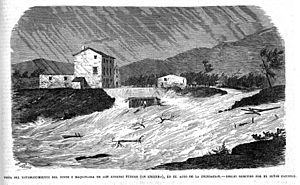 Archivo:1864-12-11, El Museo Universal, Vista del establecimiento del tinte y maquinaria de don Antonio Fuster (en Enguera), en el acto de la inundación