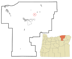 Umatilla County Oregon Incorporated and Unincorporated areas Adams Highlighted.svg