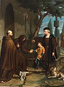 Christopher Columbus at the gates of the monastery of Santa Maria de la Rabida with his son Diego