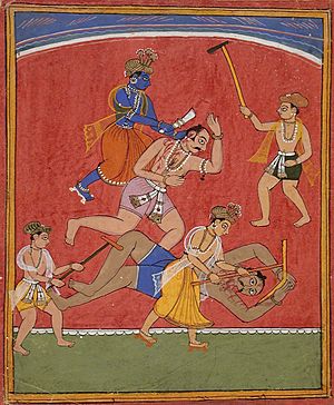 Krishna mata al rey Kamsa mientras su hermano Balaram mata a un luchador; pintura, acuarela opaca y oro sobre papel (23 × 19 cm), c. 1630; proveniente de Mewar (Rayastán).