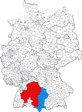 Los límites actuales de Suabia: en rojo, en Wurtemberg ; en azul, el  distrito de Suabia en Baviera