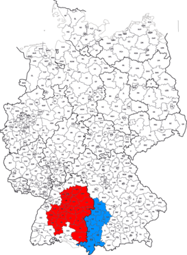 Los límites actuales de Suabia: en rojo, en Wurtemberg; en azul, el  distrito de Suabia en Baviera