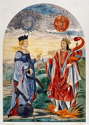 Archivo:A moon above a queen dressed in blue, and a sun above a king Wellcome V0025630