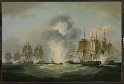 Archivo:Four frigates capturing Spanish treasure ships (5 October 1804) by Francis Sartorius, National Maritime Museum, UK