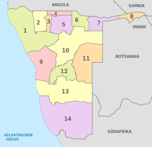 Archivo:Namibia, administrative divisions - Nmbrs - colored