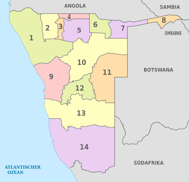 Archivo: Namibia, administrative divisions - Nmbrs - colored