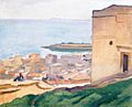 Peinture représentant au premier plan à droite un pan de maison, dominant une baie avec la mer et une ville assez floue