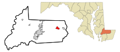 Wicomico County Maryland Incorporated and Unincorporated areas Pittsville Highlighted.svg