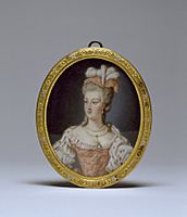 Retrato de la reina María Antonieta con vestido rojo y tocado de plumaa blancas