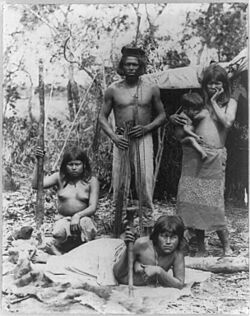 Archivo:Indian family in Brazil posed in front of hut - 3 bare-breasted females, baby and man with bow and arrows LCCN2001705617