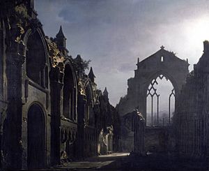 Archivo:LOUIS JAQUES MAND DAGUERRE - The Ruins of Holyrood Chapel (Walker Art Gallery, Liverpool, c. 1824. Óleo sobre lienzo, 211 x 256.3 cm)