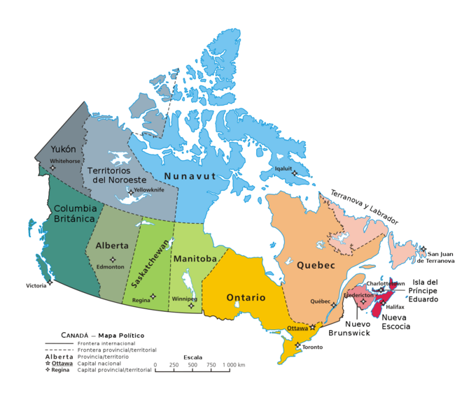 Mapa interactivo de las diez provincias y tres territorios de Canadá, con sus respectivas capitales.