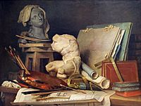 Representación de la pintura, la escultura y la arquitectura con una paleta de pintora, un busto y unos planos