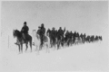 "Return of Casey's scouts from the fight at Wounded Knee, 1890--91." Soldiers on horseback plod through the snow - NARA - 531103