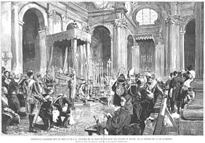 Archivo:Ceremonias religiosas ante el cadáver de Alfonso XII, en el salón de columnas del Palacio de Madrid, en la mañana del 28 de noviembre