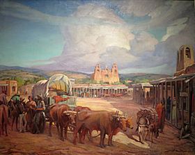 'View of Santa Fe Plaza in the 1850s' by Gerald Cassidy, c. 1930.JPG