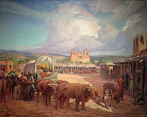 Archivo:'View of Santa Fe Plaza in the 1850s' by Gerald Cassidy, c. 1930