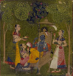 Krishna y las gopis; serie ragamala, c. 1710, pintura sobre papel (19 × 18 cm); actualmente en el Museo Británico.