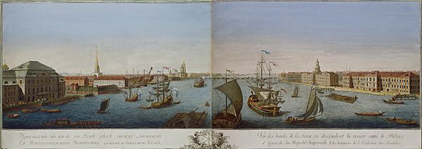 Archivo:Makhayev, Kachalov - View of Neva Downstream between Winter Palace and Academy of Sciences 1753