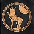 Sitting Achilles wrapped in a himation, depicted on a greek kylix from ca 500 BC