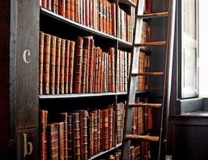 Archivo:Trinity College Library-words in leather and wood