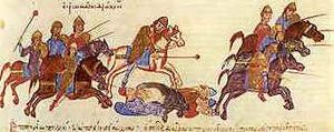 Archivo:Byzantine army under the leadership of Nikephoros Uranos putting the Bulgarians to flight from the Chronicle of John Skylitzes